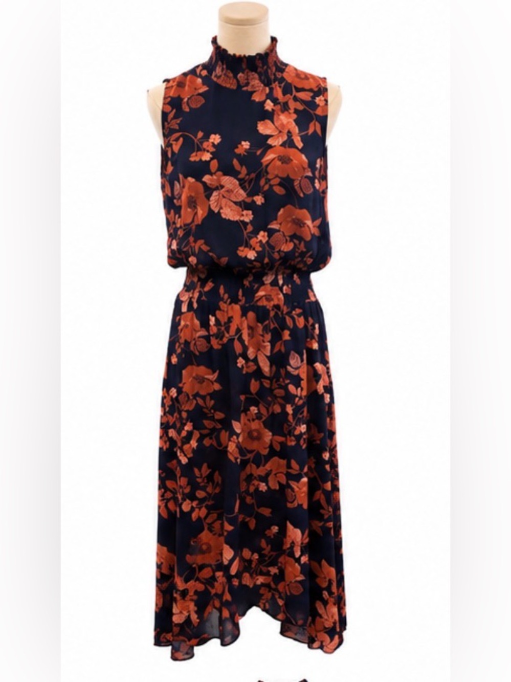 Nanette Lepore Size 10 Navy Orange Floral Smocked High-Low Midi Dress